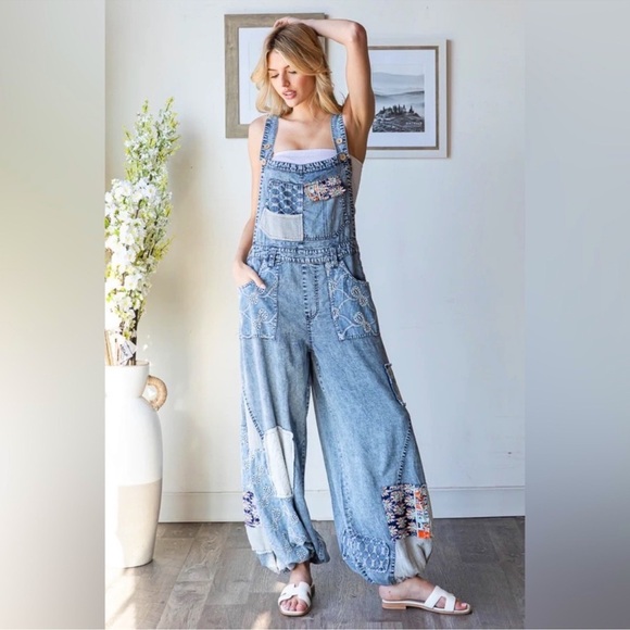 Oli & Hali Love Goddess Overalls | Patchwork Denim Wide-Leg Drawstring Jumpsuit - Picture 9 of 10